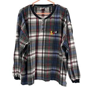 VINTAGE MICKEY & CO Top Plaid Henley Size Large Womens Mickey Mouse 100% Cotton